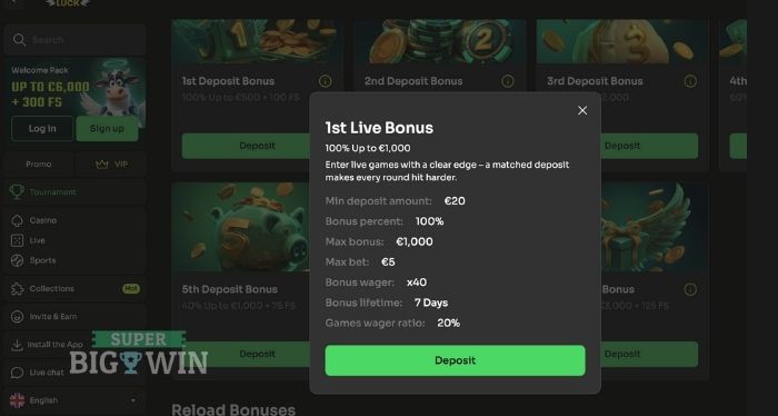 live welkomstbonus biij Holyluck