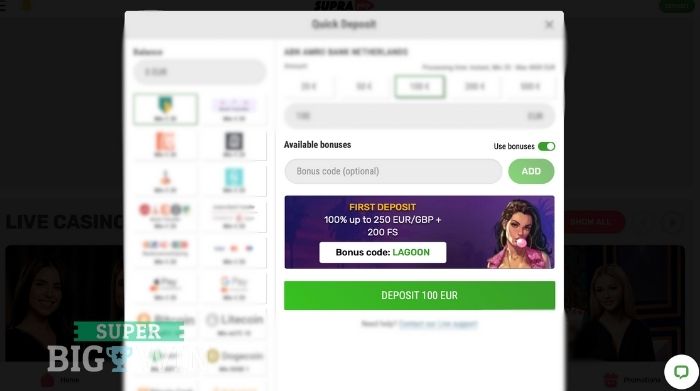 bonus code voor welkomstbonus bij Supraplay