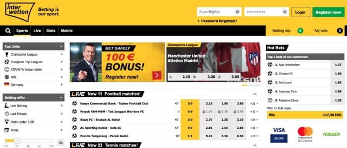 De homepage van online casino Interwetten
