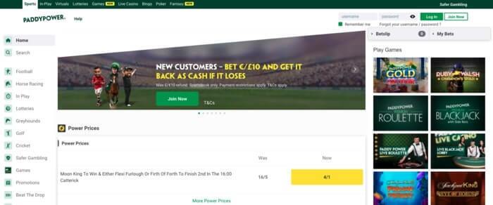 Homepage van Paddy Power Casino