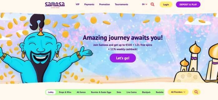 De homepage van Samosa Casino