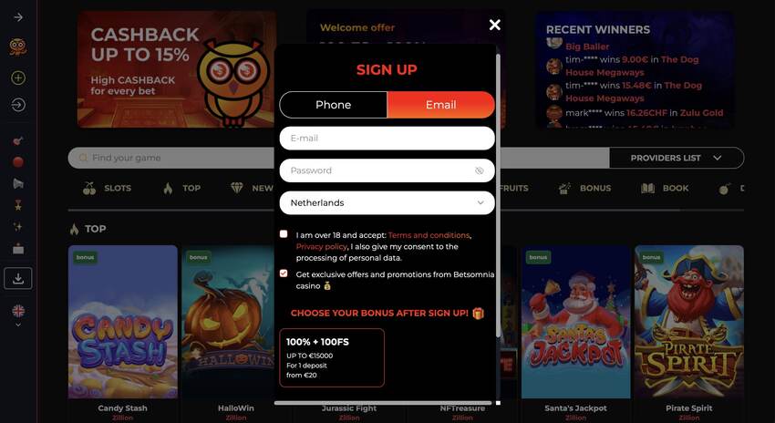 Account aanmaken bij de goksite van Betsomnia Online Casino