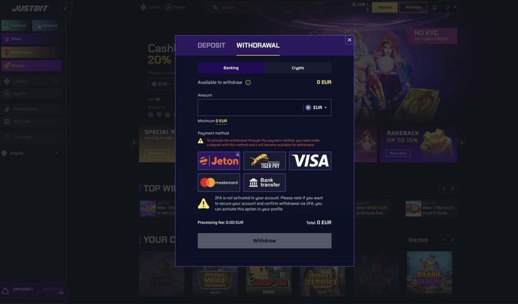 Uitbetalen bij Justbit Casino