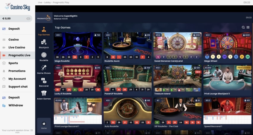 Live casino lobby van Pragmatic