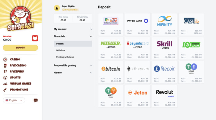 storten bij Supacasi met Neteller Paysafe en Skrill