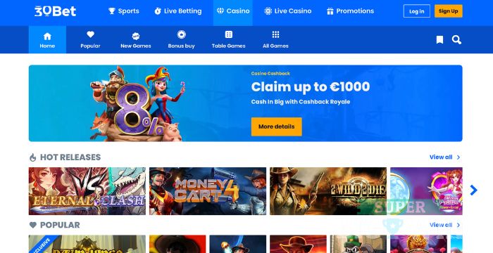 homepage van 30bet casino