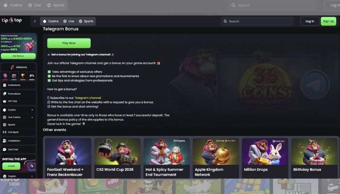 Telegram bonus van Tip-top Casino