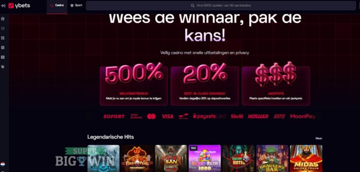 homepage van Ybets casino