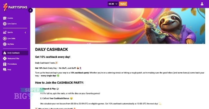 cashback bij Partyspins Casino