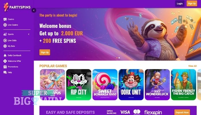 partyspins casino homepage