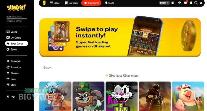 Swipe Games bij Shakebet