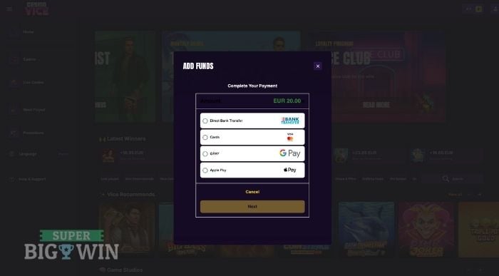 Storten bij CasinoVice