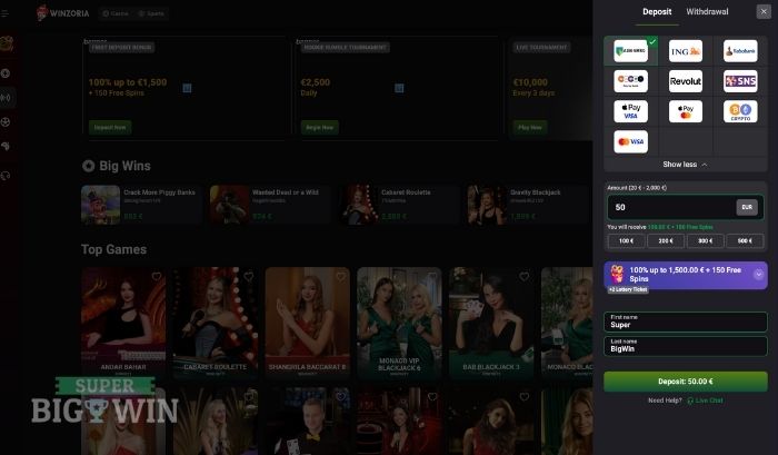 storten bij Winzoria casino