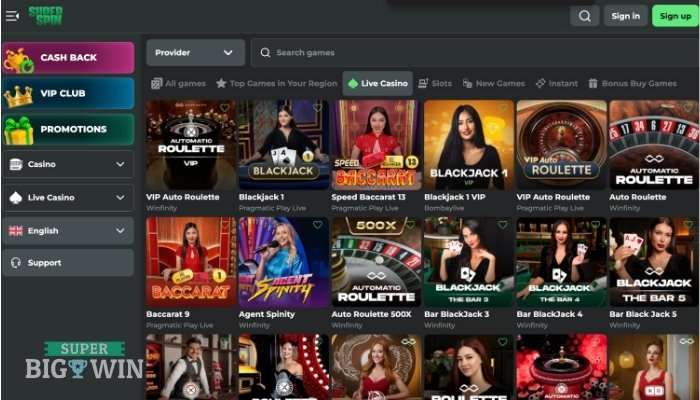 Super Spin live casino lobby