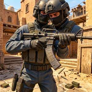 Featured thumbnail voor Counter-Strike 2 met gewapende CT-agent bij explosie, over ammo-update