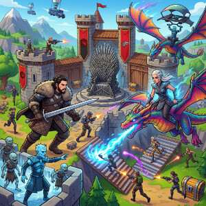 Fortnite featured thumbnail met een Game of Thrones-achtige ridder en Westeros-sfeer
