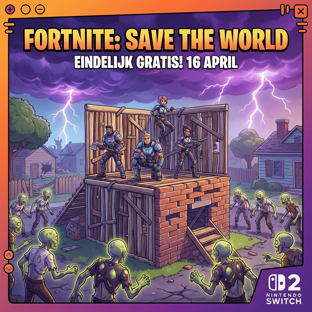 Fortnite featured thumbnail met Save the World personages en actievolle achtergrond
