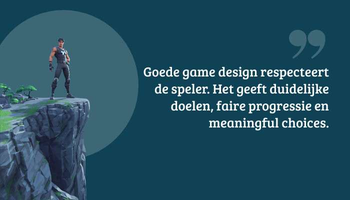 Fortnite Save the World quote-banner met citaat over fair progressie en meaningful choices