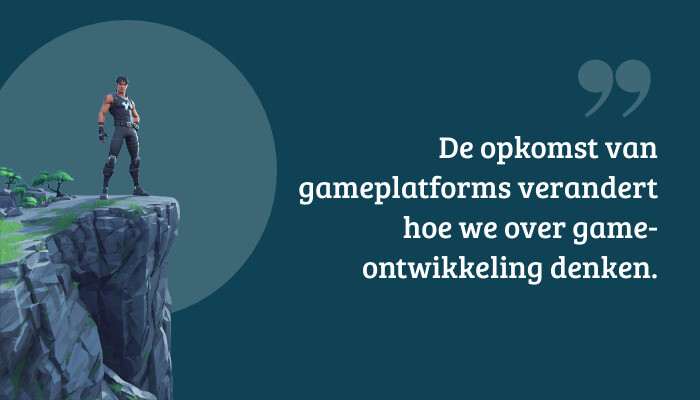 Fortnite quote-banner met de pull quote over gameplatforms en game-ontwikkeling, met UEFN-visual