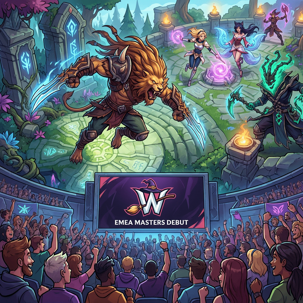 League of Legends featured thumbnail met een duistere heksachtige teamlook die Team Witchcraft en reactievideo�27s suggereert