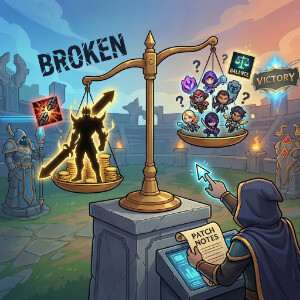 League of Legends featured thumbnail with champion artwork for an article about game balancing and 'broken' builds
