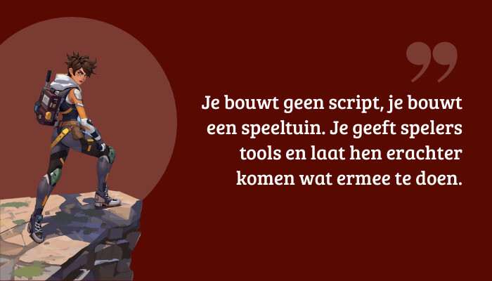 Quote-banner met Overwatch visual en citaat over een speeltuin bouwen in plaats van een script