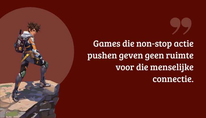 Overwatch quote-banner met tekst over actie die weinig ruimte laat voor menselijke connectie