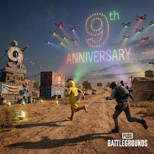PUBG featured thumbnail with a 9th anniversary theme, matching the Chicken Man hunt and drone event article
