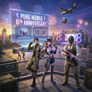 PUBG Mobile featured thumbnail met soldaat in futuristische uitrusting voor de 4.3 update en 8th Anniversary