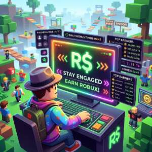 Roblox featured thumbnail met blokkerige avatar en donkere skyline, passend bij creators, geld en algoritmes