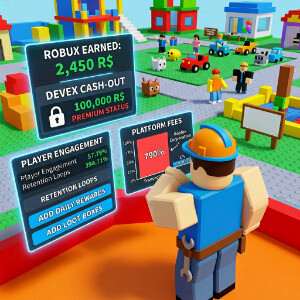 Roblox featured thumbnail met iconische Roblox-avatars, passend bij het artikel over creators en geld