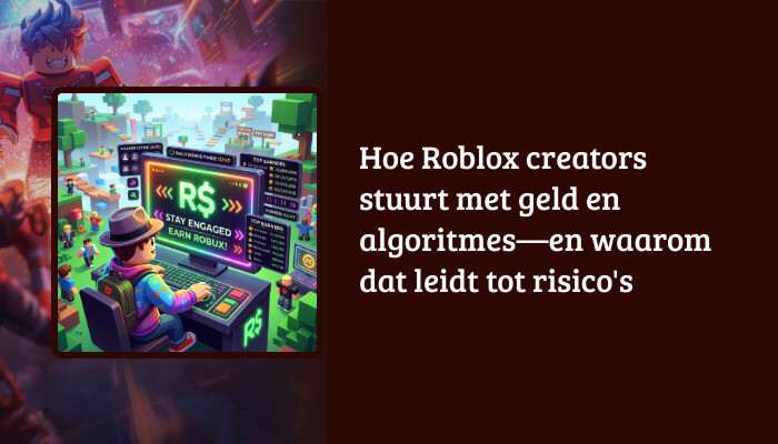 Roblox H1-banner met de titel over creators, geld en algoritmes als tekst over een stadsachtergrond