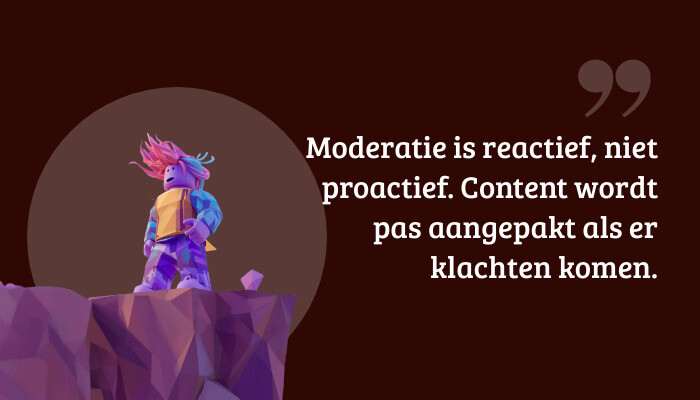 Roblox quote-banner met de tekst over reactieve moderatie en klachten, over dezelfde game-visual