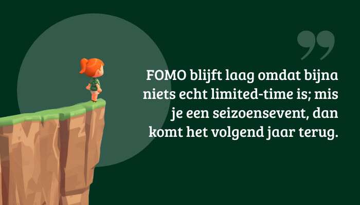 Quote-banner bij Animal Crossing: New Horizons over lage FOMO en terugkerende seizoensevents
