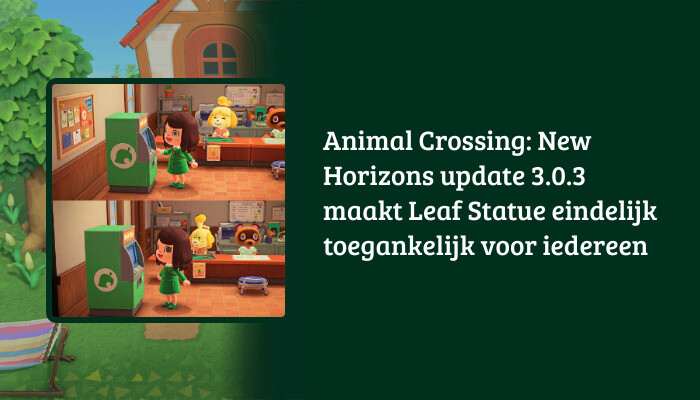 H1 banner for Animal Crossing: New Horizons with the article title about update 3.0.3 and Leaf Statue access