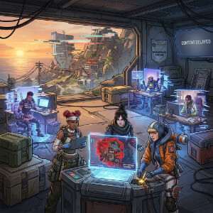 Featured thumbnail voor Apex Legends met personages, passend bij het artikel over thuiswerken en live-service design