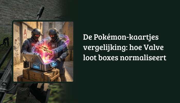 H1-banner voor Counter-Strike 2 met titeloverlay over Pokémon-kaartjes en Valve loot boxes