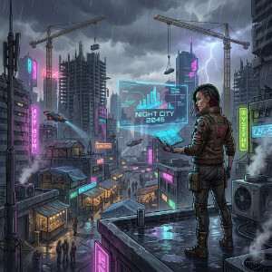 Cyberpunk 2077 featured thumbnail met een neon Night City-sfeer rond het Night City 2045-project