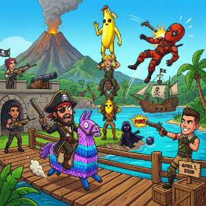 Fortnite featured thumbnail met een Chapter 1 Season 8 piratenthema en kleurrijke actie