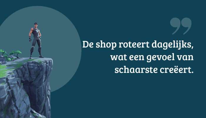 Fortnite quote-banner met tekst over de shop die dagelijks roteert en schaarste cre&euml;ert