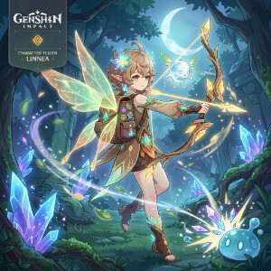 Genshin Impact featured thumbnail met Linnea in een magische, fae-achtige stijl