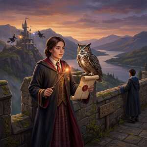 Featured thumbnail voor Hogwarts Legacy 2 met personage in magische sfeer bij een onthullingsnieuwsartikel