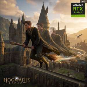 Featured thumbnail van Hogwarts Legacy met een personage en kasteel, bij het nieuws over de DLSS 4.5-update