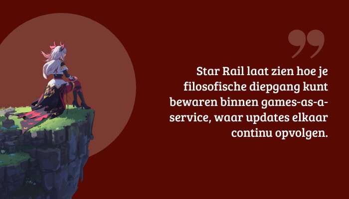 Quote-banner bij Honkai: Star Rail met pull quote over filosofische diepgang in games-as-a-service