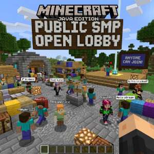 Featured thumbnail voor Minecraft: Java Edition met een blokkerig landschap dat open lobby streams uitbeeldt