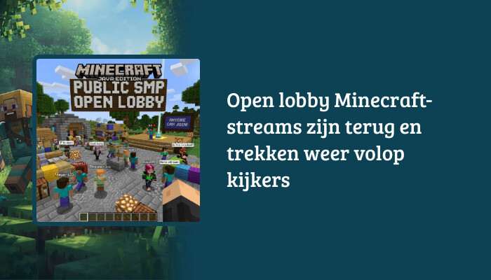 Brede H1-banner voor Minecraft: Java Edition met de titel over terugkerende open lobby streams als tekstoverlay