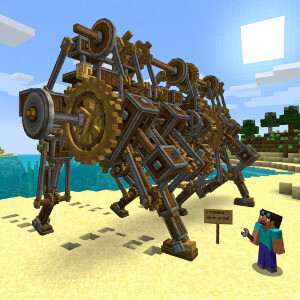 Featured thumbnail voor Minecraft: Java Edition met een zelfgebouwd lopend Strandbeest met de Create-mod