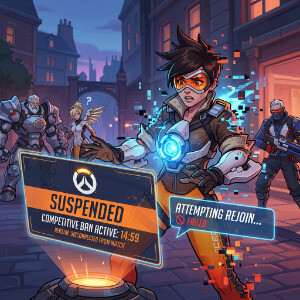 Overwatch featured thumbnail met Tracer en de Overwatch-logo, bij artikel over competitive bans na disconnects