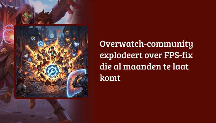 Brede Overwatch H1-banner met de artikeltitel over de maanden te late FPS-fix als tekstoverlay
