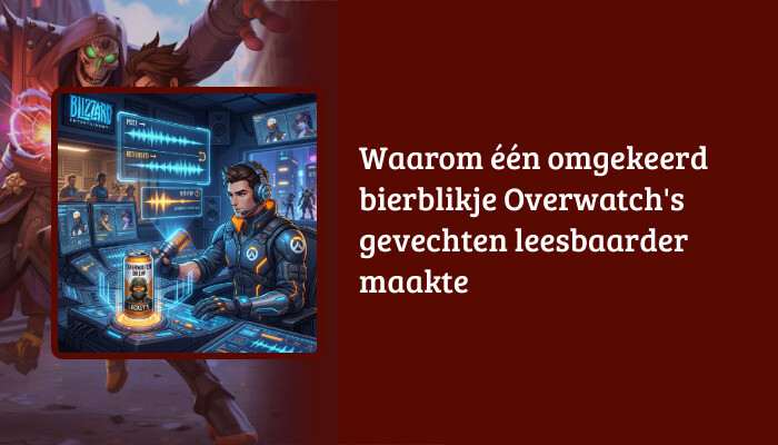 Overwatch H1-banner met artikelkop over een omgekeerd bierblikje dat gevechten leesbaarder maakte